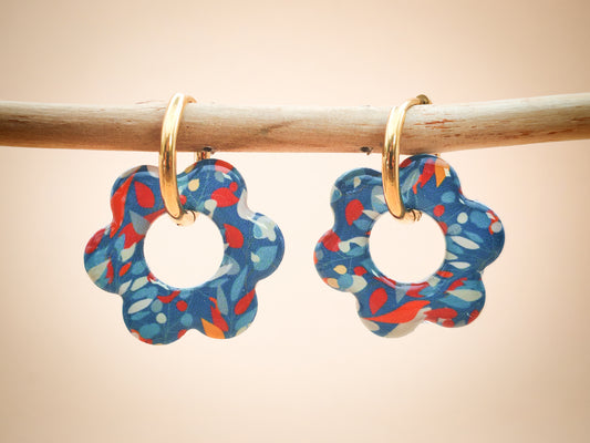 Boucles d’oreilles / Pampilles – Fleur marine aux éclats bordeaux