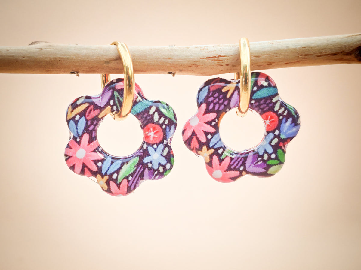 Boucles d’oreilles / Pampilles – Fleur florale aux nuances violine