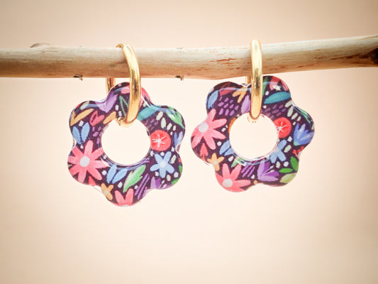 Boucles d’oreilles / Pampilles – Fleur florale aux nuances violine