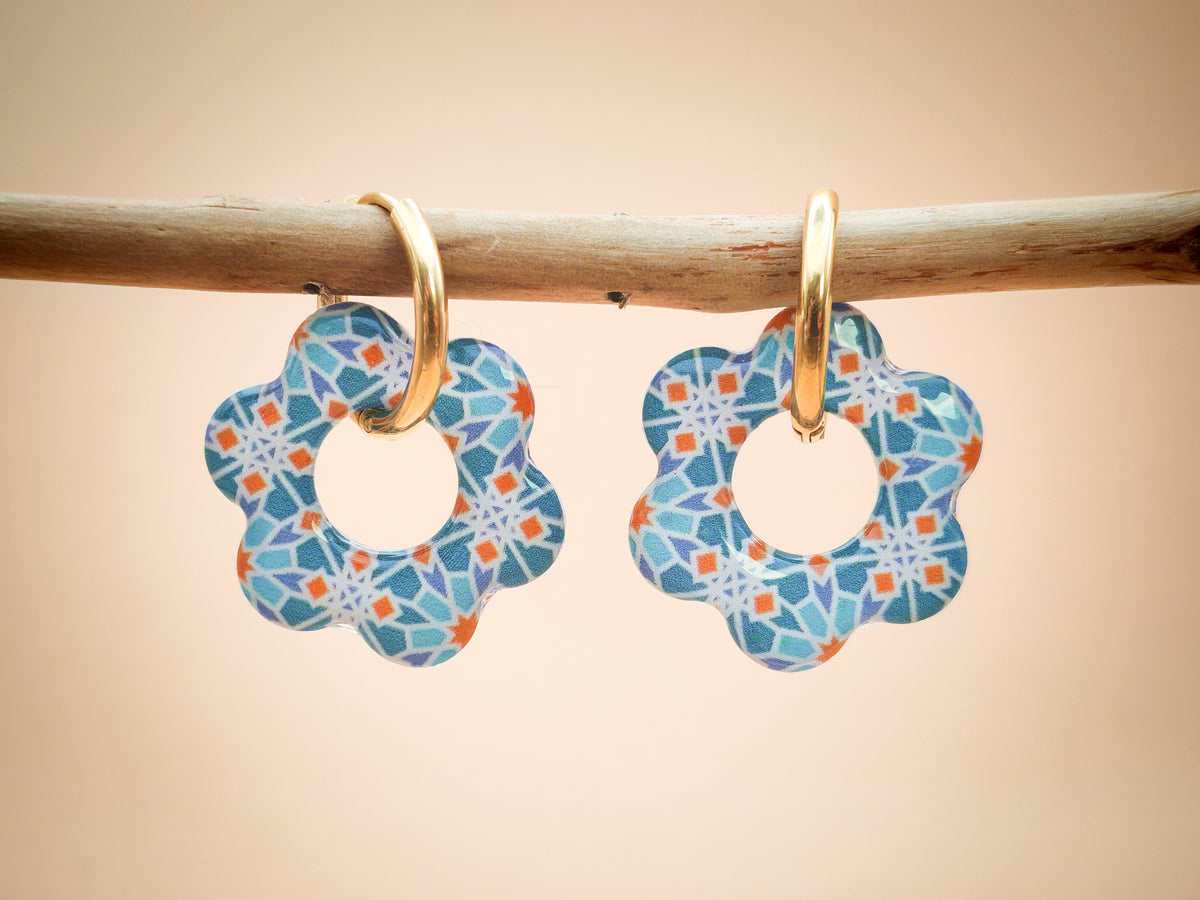 Boucles d’oreilles / Pampilles – Fleur mosaïque turquoise aux éclats solaires
