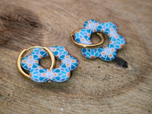 Boucles d’oreilles / Pampilles – Fleur mosaïque turquoise aux éclats solaires