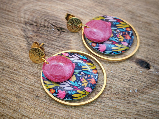 Boucles d’oreilles – Feuillage coloré et rose éclatant