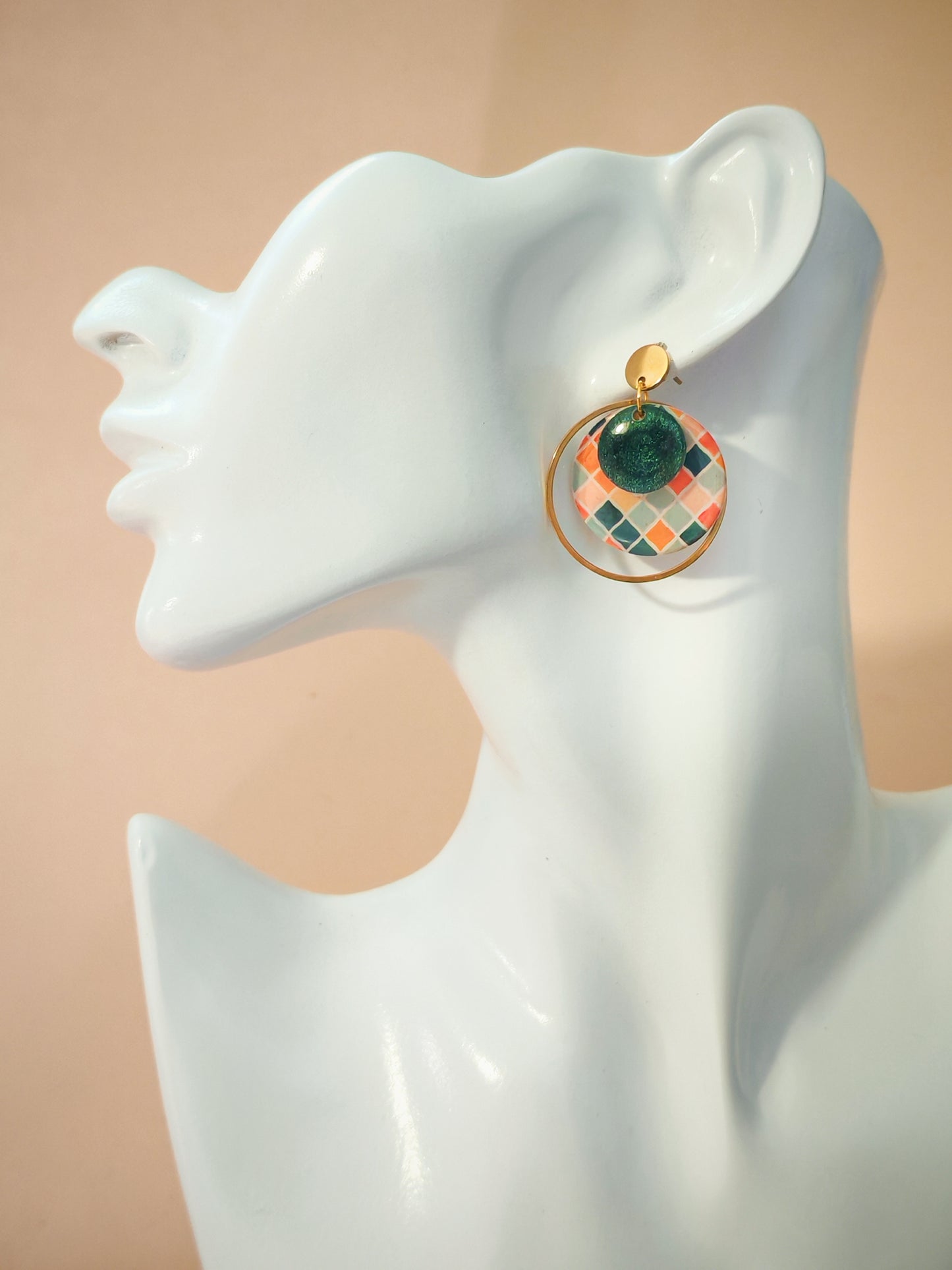 Boucles d’oreilles – Mosaïque douce et vert profond