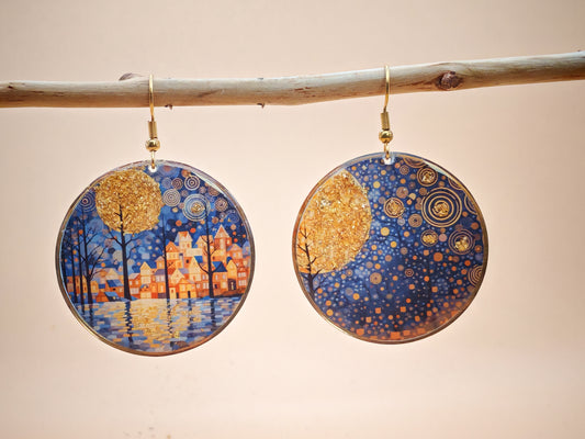 Boucles d’oreilles Klimt – Village doré sous ciel étoilé