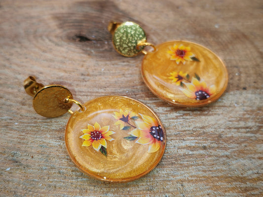 Boucles d’oreilles – Fleurs dorées en éclats de pollen