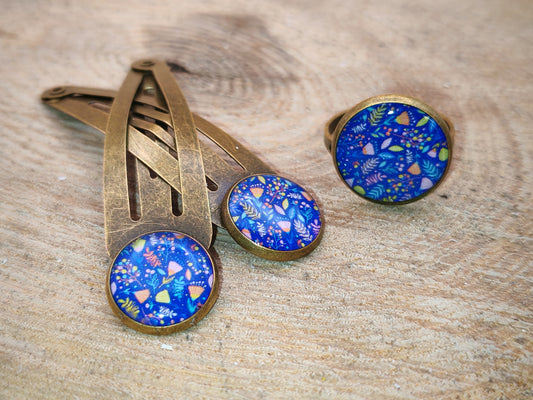 Ensemble barrettes & bague – Nuit florale