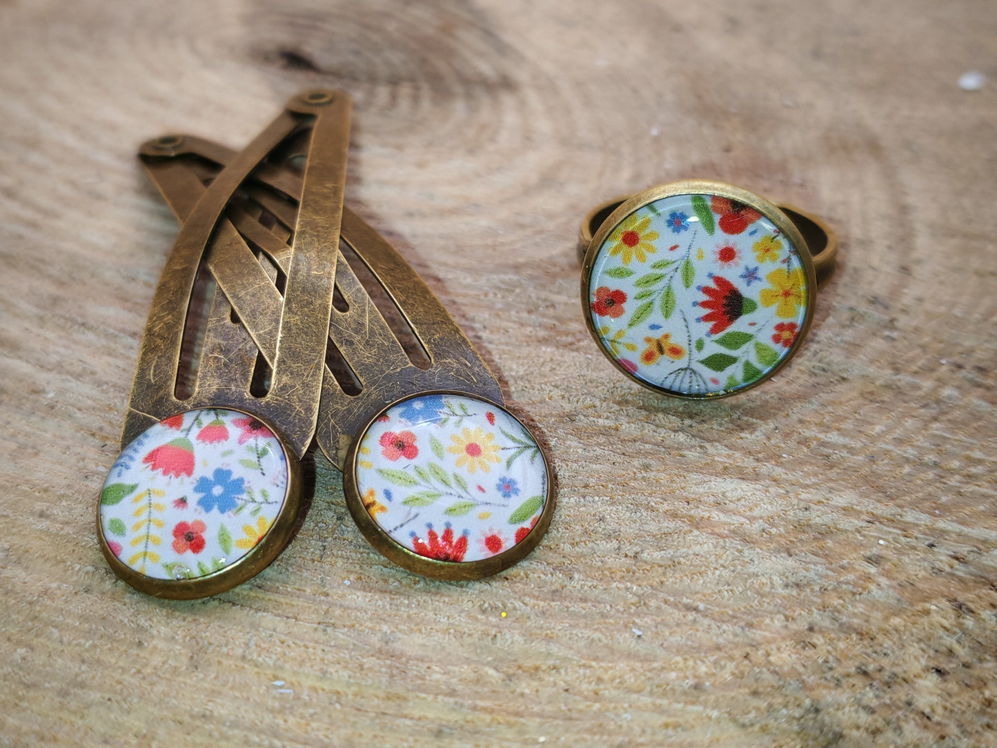 Ensemble barrettes & bague – Prairie fleurie
