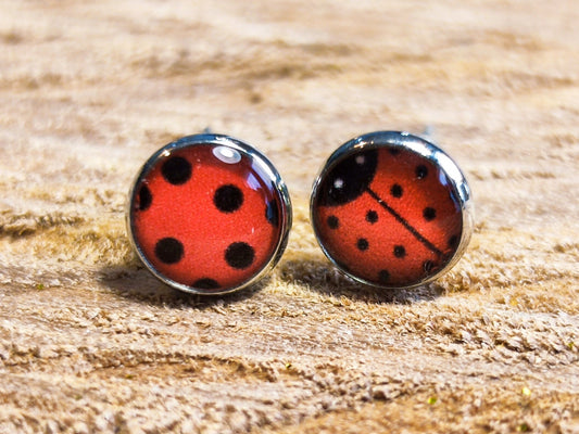 Clous d'oreille, acier inoxydable, cabochon de 6mm de diamètre en résine, sur imprimé motif coccinelle asymétrique, fait main