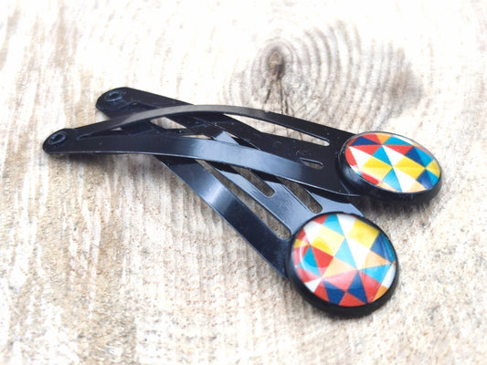 Lot de 2 barrettes, cabochons de 12 mm de diamètre en résine sur imprimé, fait main