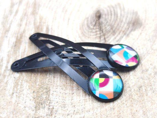Lot de 2 barrettes, cabochons de 12 mm de diamètre en résine sur imprimé, fait main