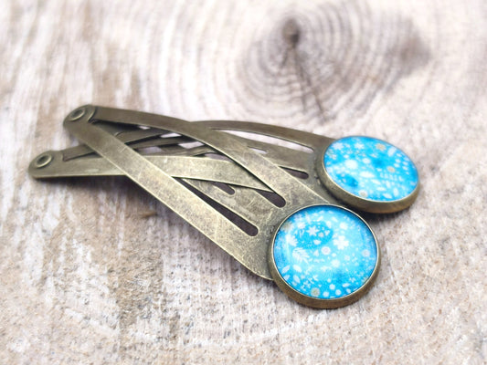 Lot de 2 barrettes, cabochons de 12 mm de diamètre en résine sur imprimé, fait main