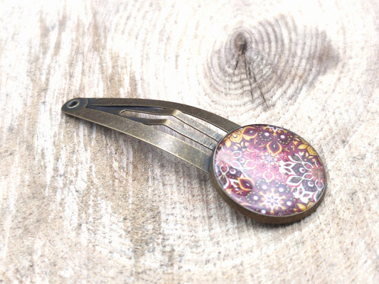 Barrette, cabochon de 20 mm de diamètre en résine sur imprimé, fait main