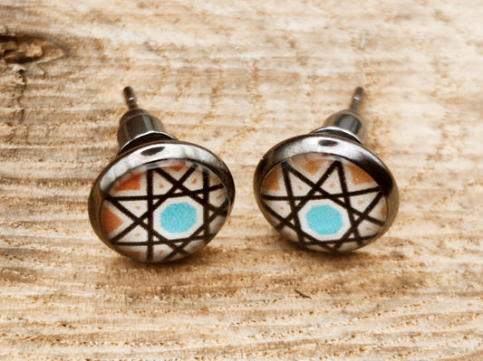 Clou d'oreille, cabochon de 8mm de diamètre en résine sur imprimé asymétrique, fait main