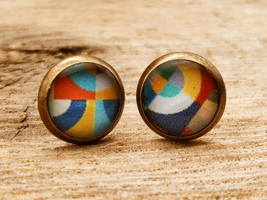 Clous d'oreille, cabochon de 8mm de diamètre en résine sur imprimé, motif asymétrique, fait main