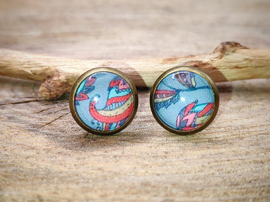 Clous d'oreille, cabochon de 8mm de diamètre en résine sur imprimé, motif asymétrique, fait main