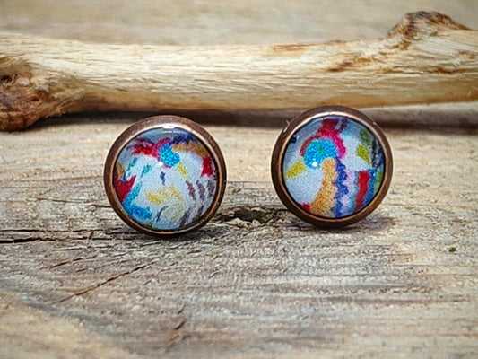 Clous d'oreille, laiton couleur cuivre, cabochon de 6mm de diamètre en résine sur imprimé, motif asymétrique, fait main