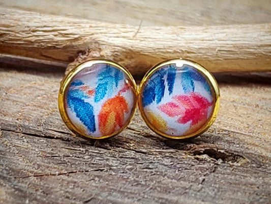 Clous d'oreille, acier inoxydable, cabochon de 6mm de diamètre en résine sur imprimé, motif asymétrique, fait main