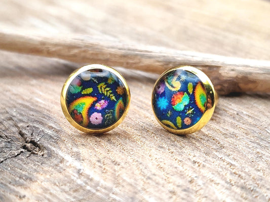 Clous d'oreille, acier inoxydable, cabochon de 8mm de diamètre en résine sur imprimé, motif asymétrique, fait main