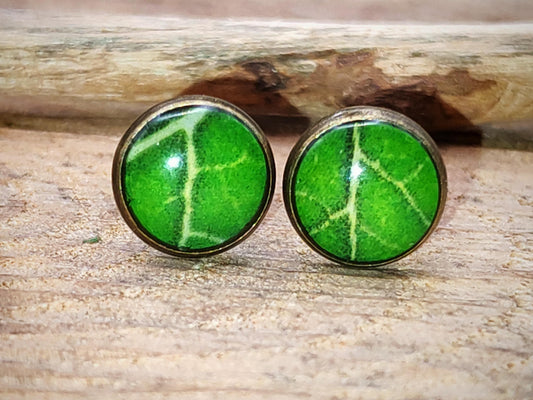 Clous d'oreille, laiton couleur bronze, cabochon de 6mm de diamètre en résine sur imprimé, motif asymétrique, fait main