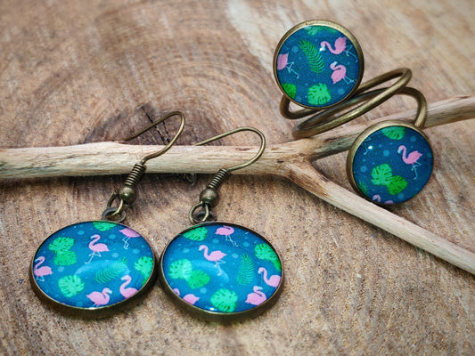 Ensemble bague et boucles d'oreille, métal et cabochon en résine sur imprimé, fait main