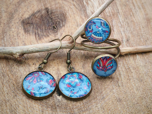 Ensemble bague et boucles d'oreille, métal et cabochon en résine sur imprimé, fait main